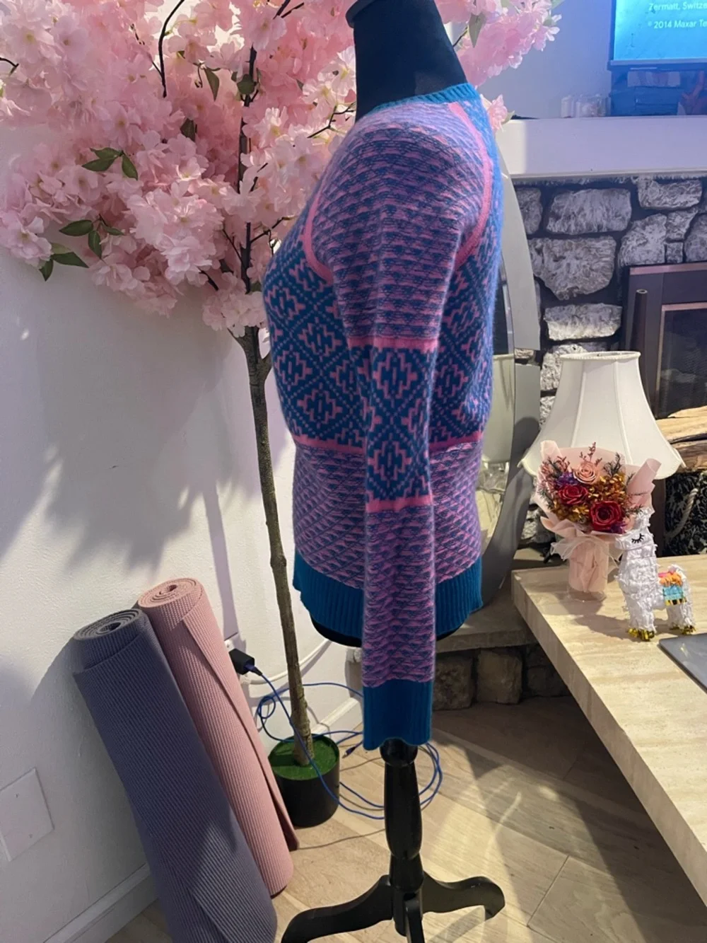 Cashmere J. Crew Pink and Blue Fair Isle Crewneck Sweater - Picture 3 of 4